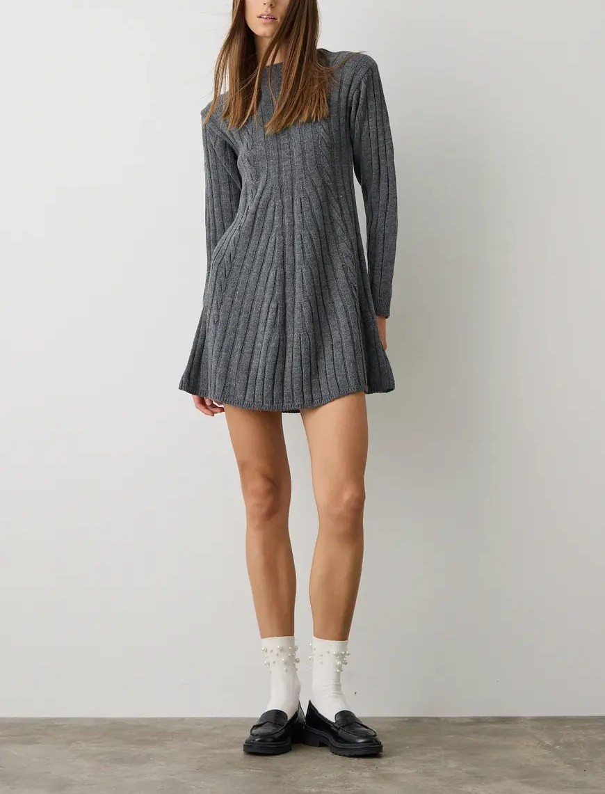 BSB Μίνι Πλεκτό Φόρεμα Γκρι Μελανζέ (1)