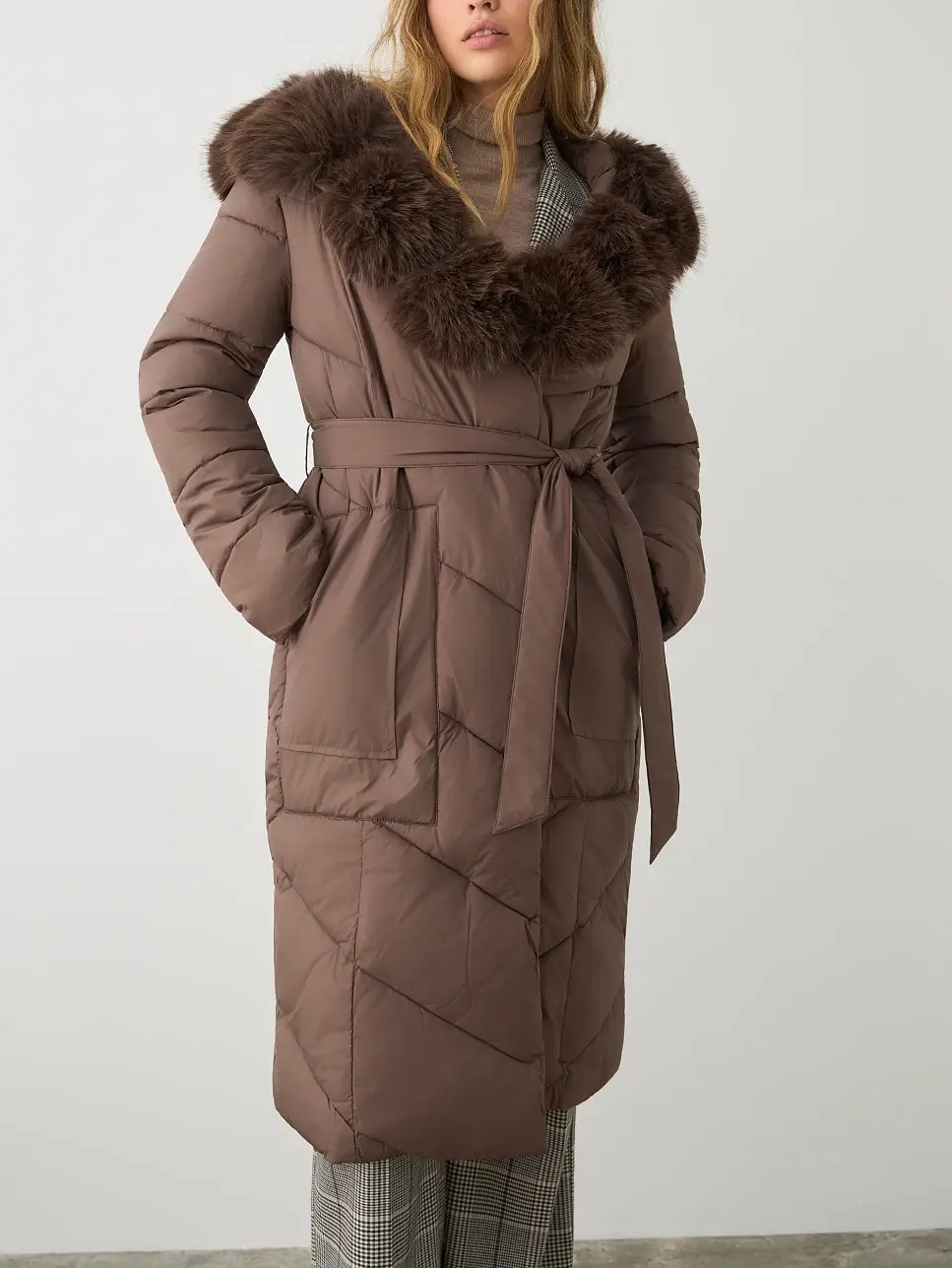 BSB Μακρύ Puffer Μπουφάν με Γούνινο Γιακά Καφέ (2)