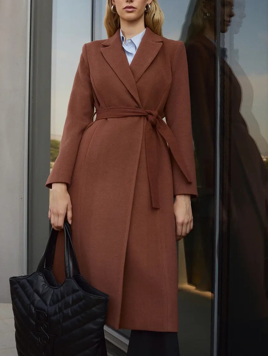 BSB Μακρύ Παλτό με Κρουαζέ Δέσιμο Πραλίνα (2)