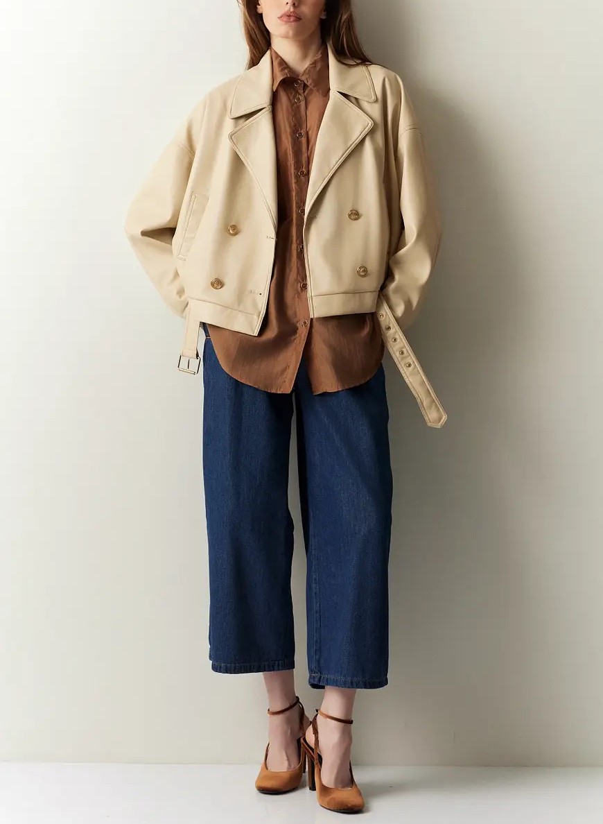 BSB Δερματίνη Μπουφάν με Ζώνη Βανίλια (1)