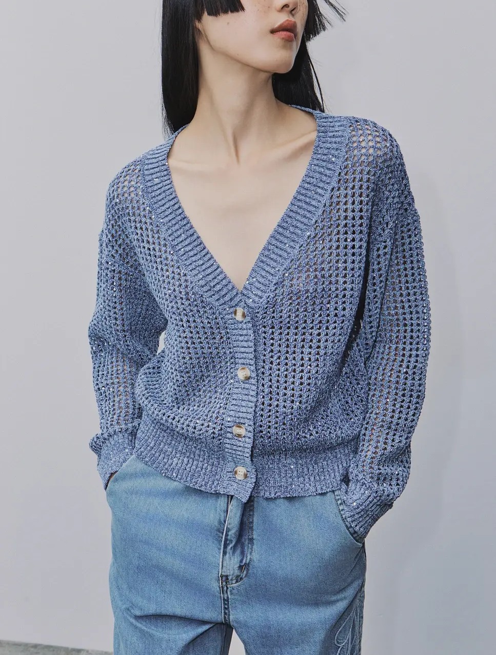 BSB Πλεκτή Ζακέτα V με Παγιέτες Ουρανί (2)